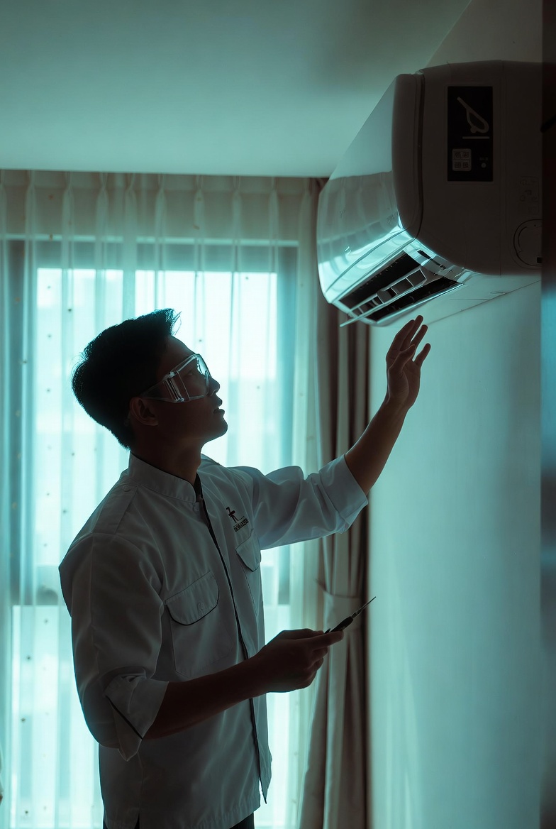 Professional AC technician repairing unit